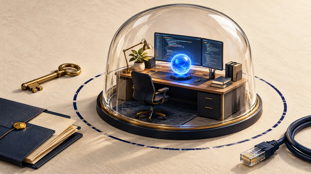 A coding workspace isolated from secrets and network cables by a glass boundary