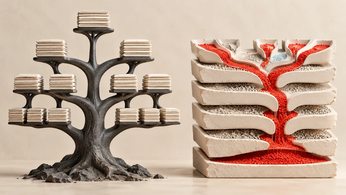 Two tactile storage sculptures: branching charcoal tree of balanced ceramic pages on left, layered ivory sediment trays with red merging streams on right