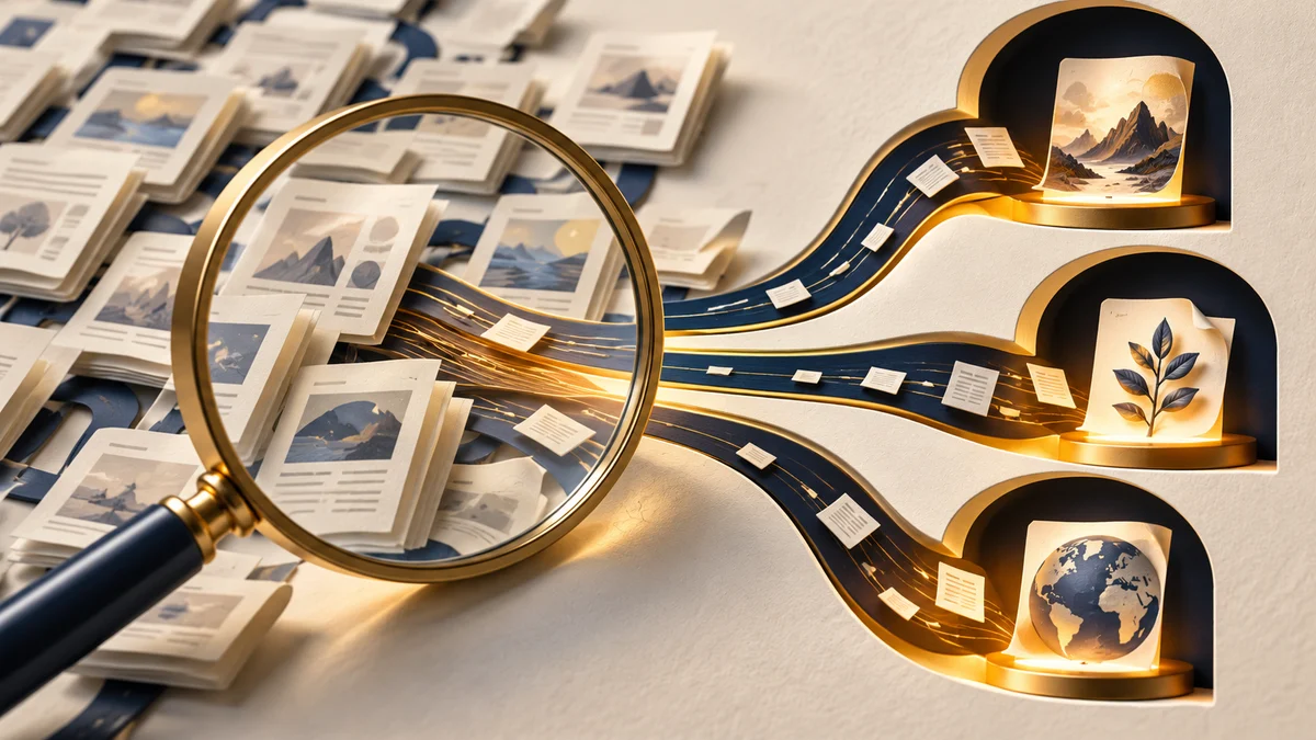 A search lens gathering evidence fragments from branching web sources