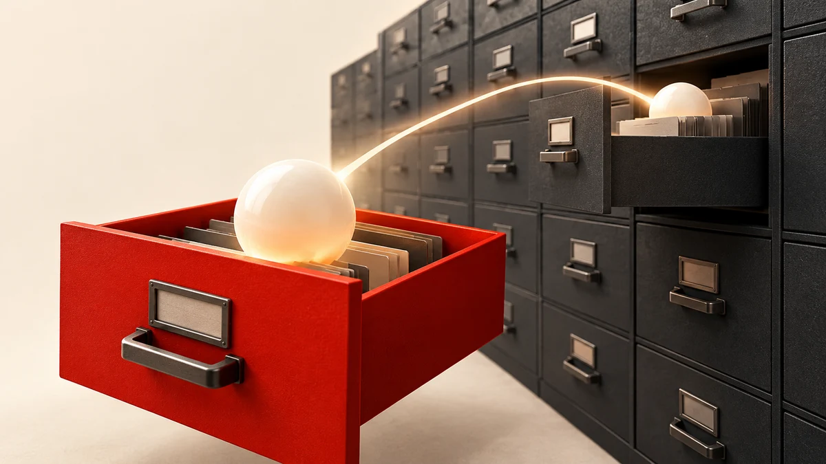 A red fast-access drawer near the viewer linked to a larger deep charcoal archive cabinet, one luminous ceramic data sphere moving between levels