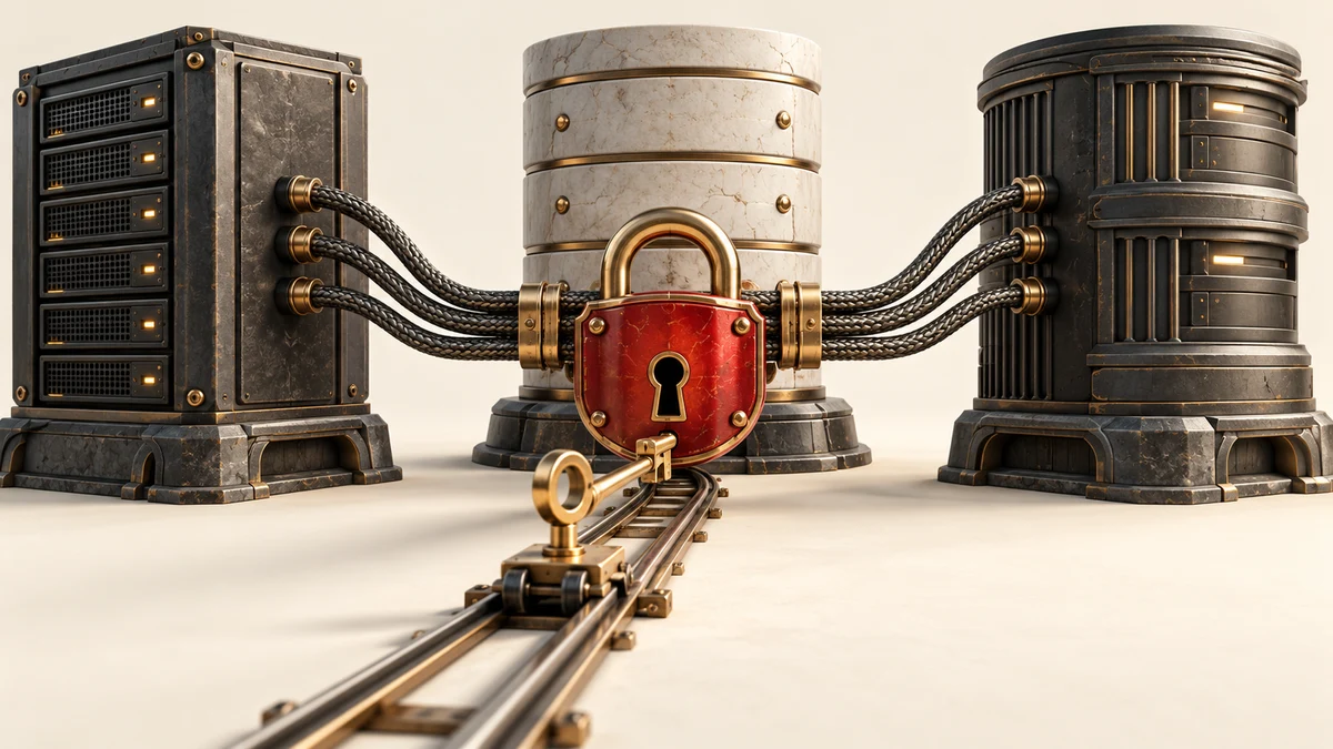 An exclusive red lock connecting three tactile server towers