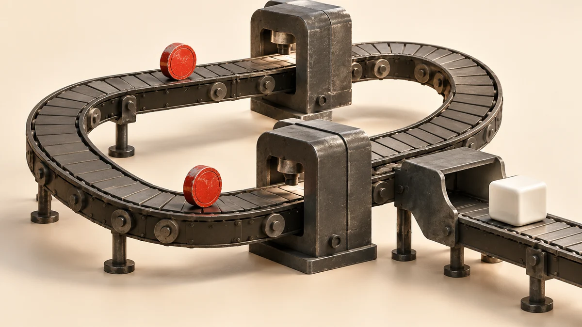 A single red stamped metal token passes through a looping mechanical conveyor twice yet produces exactly one porcelain cube; safe retries and deduplication