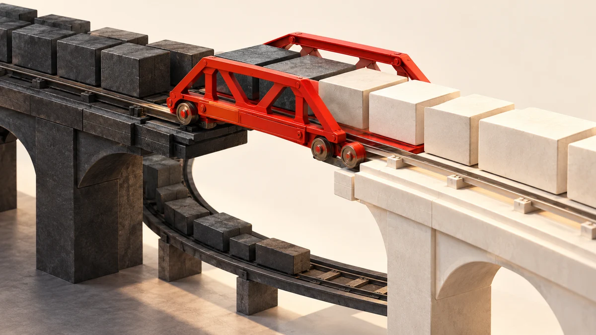 A red mechanical bridge slides from an old dark modular rail to a new ivory rail, with a safety return track visible below, compatibility and rollback