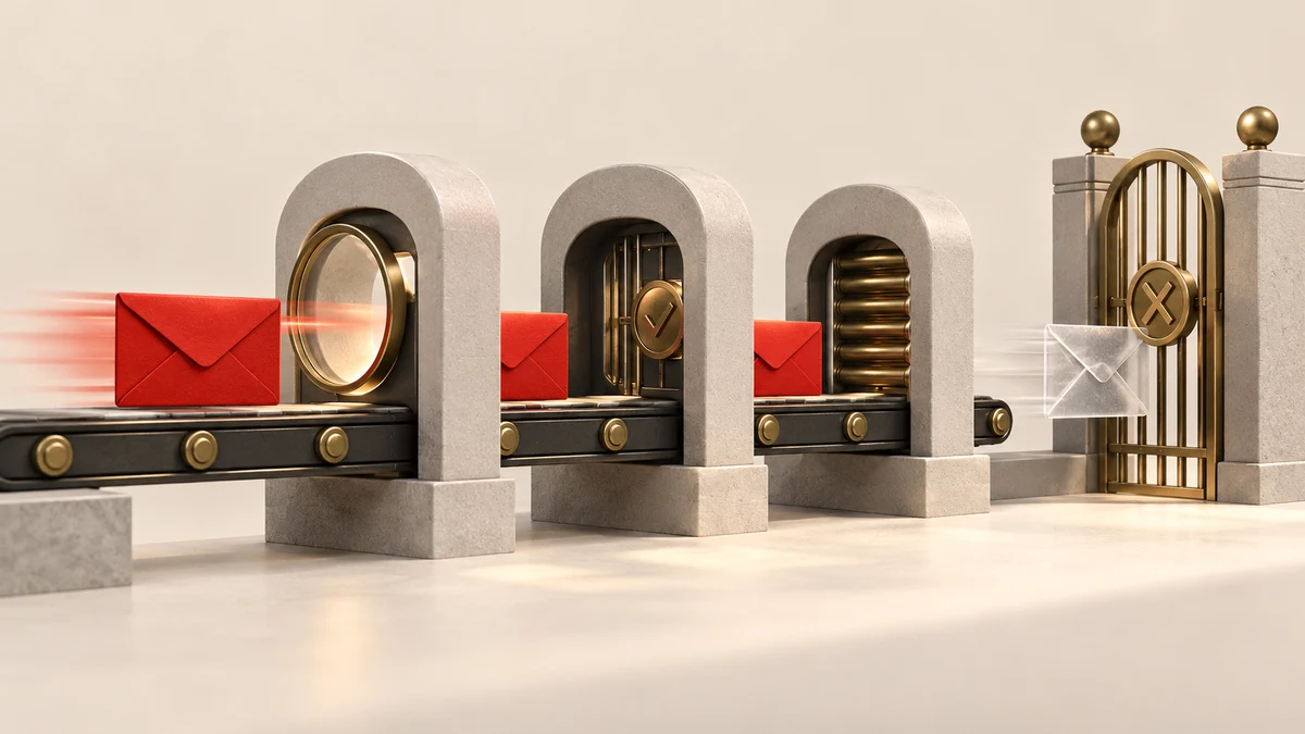 A red message envelope traverses three tactile checkpoints, a duplicate transparent echo stopped at the final brass gate, delivery and deduplication