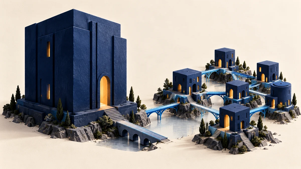 A monolithic building compared with linked smaller service buildings