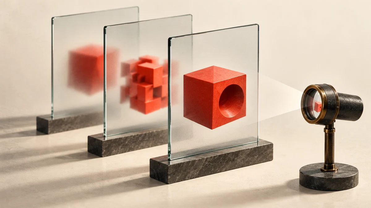 Three translucent offset glass sheets contain different versions of the same red geometric object, a small observer lens reads one stable sheet while others change