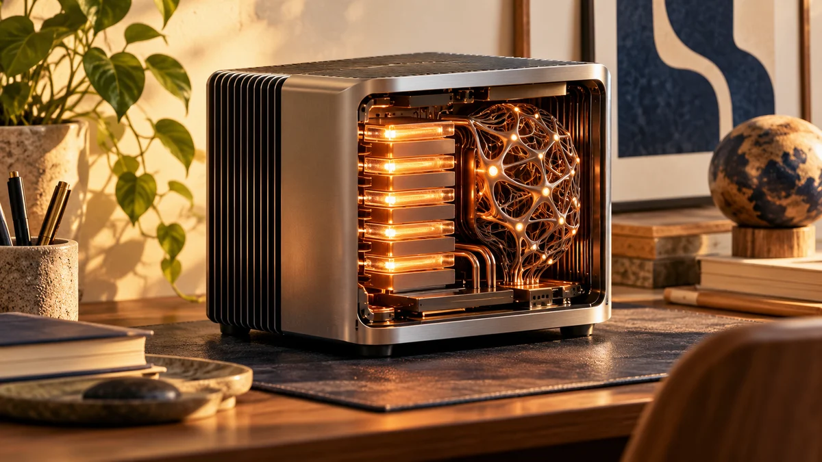 A conceptual compact local AI workstation with visible memory layers