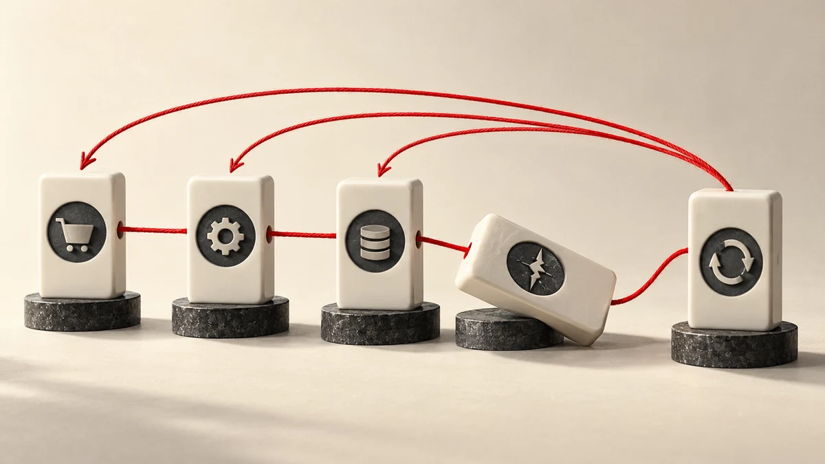 Five porcelain domino-shaped service stations linked by red thread, one station fallen and an elegant return loop restoring previous stations; transaction compensation