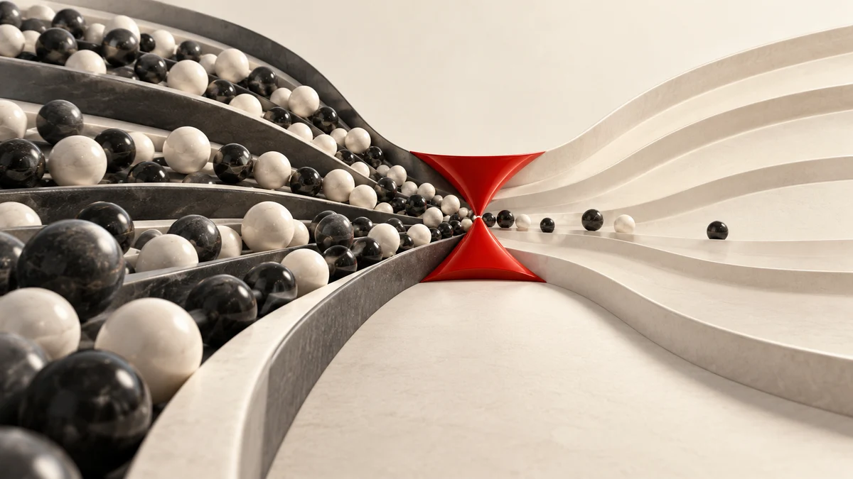 Many charcoal and ivory flowing data marbles converge at one narrow vermilion hourglass gate, with ample unused lanes beyond, emphasizes bottleneck