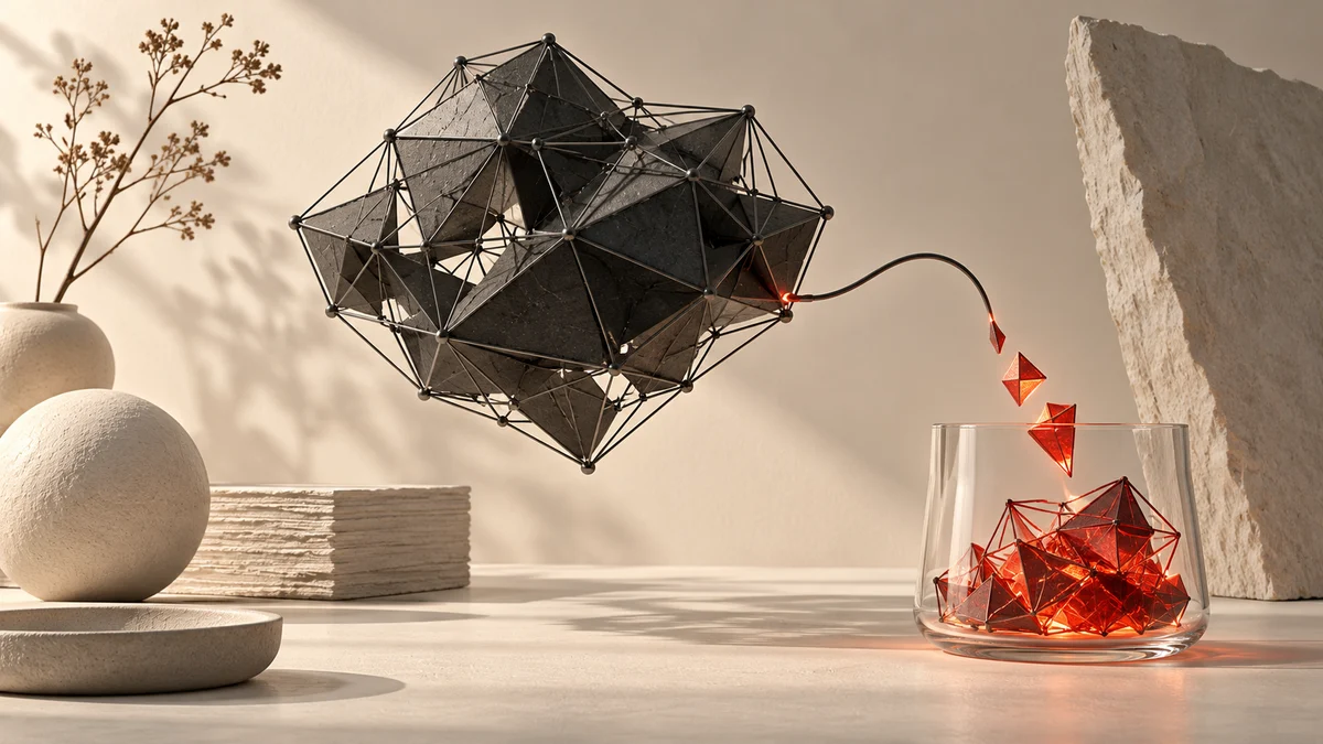 A wireframe form releases fragments into a glass vessel, illustrating graphics resource disposal