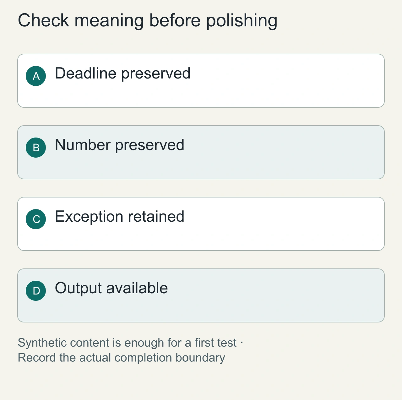 Check meaning before polishing: Deadline preserved → Number preserved → Exception retained → Output available