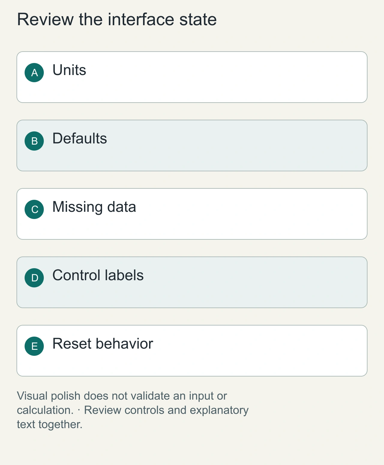 Review the interface state: Units → Defaults → Missing data → Control labels → Reset behavior