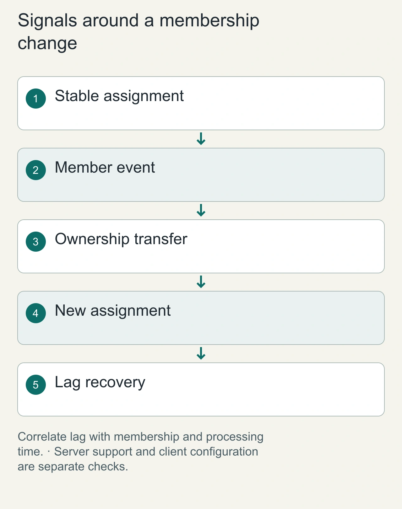 Signals around a membership change: Stable assignment → Member event → Ownership transfer → New assignment → Lag recovery