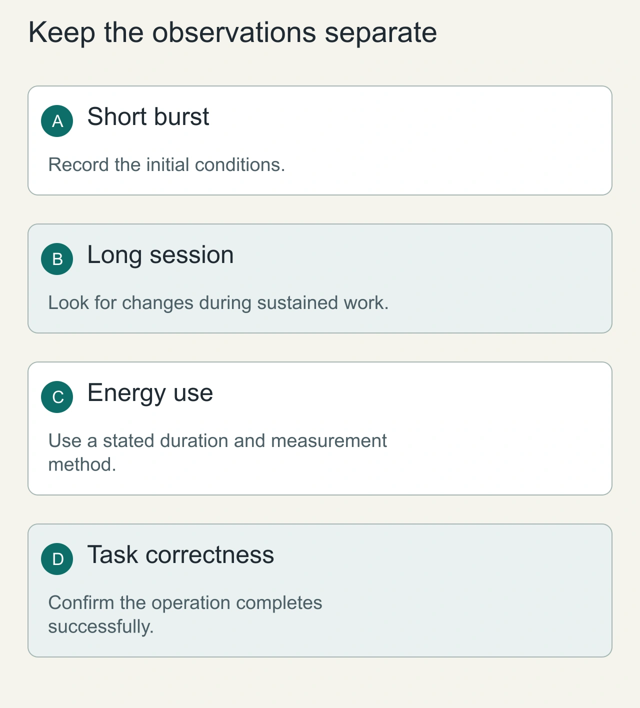Keep the observations separate: Short burst → Long session → Energy use → Task correctness